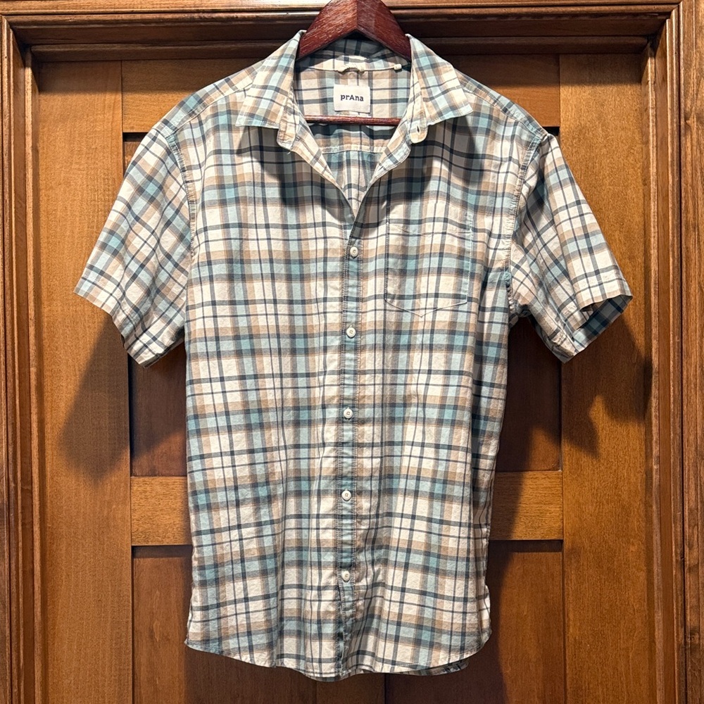 Prana Men's Casual Plaid Shirt in Blue and Tan